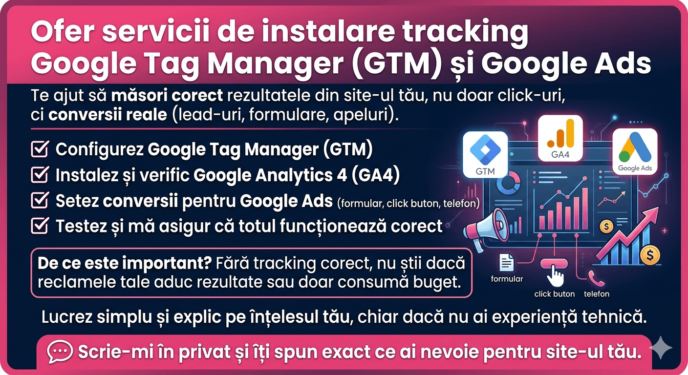 Instalez tracking pentru site-ul tău (GTM + Google Ads + GA4)