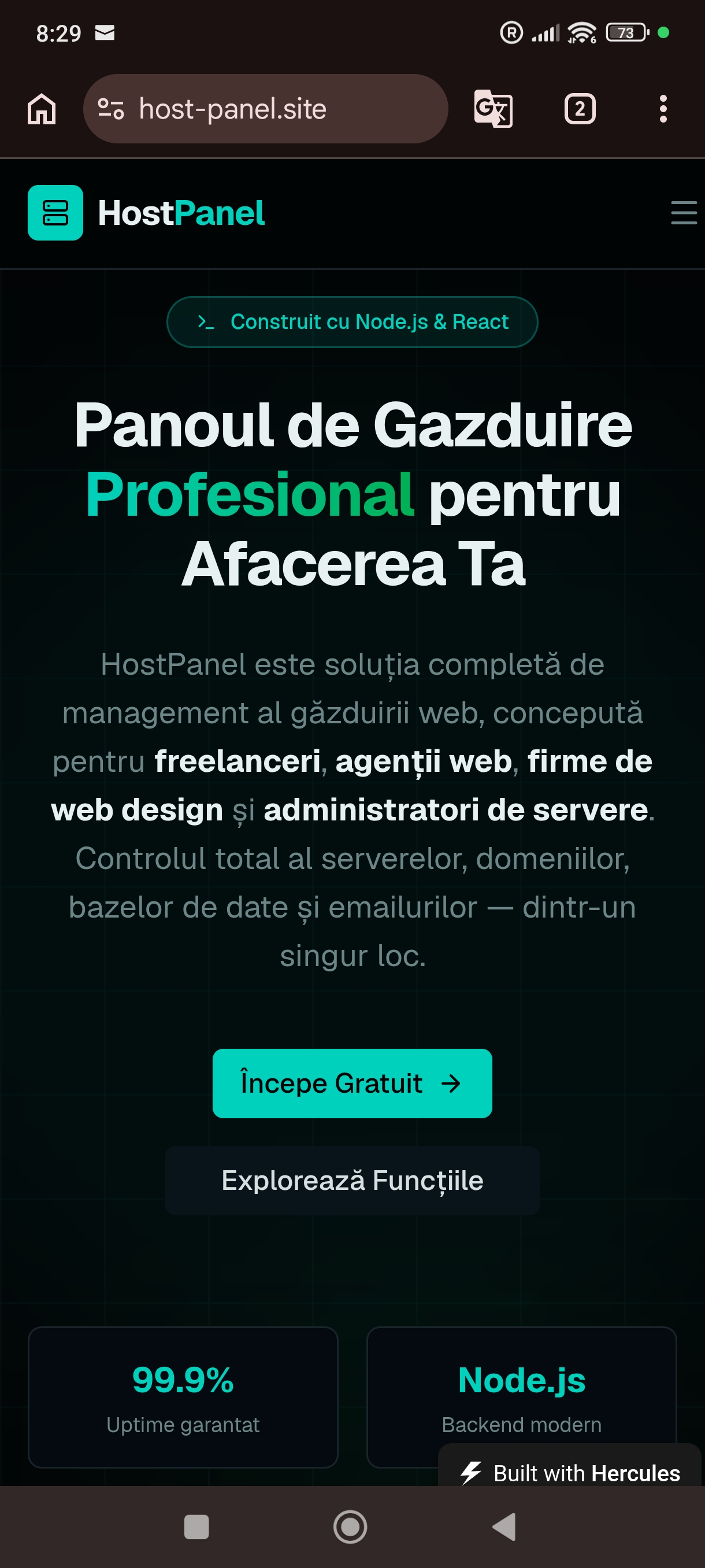 Panou hosting node.js și react